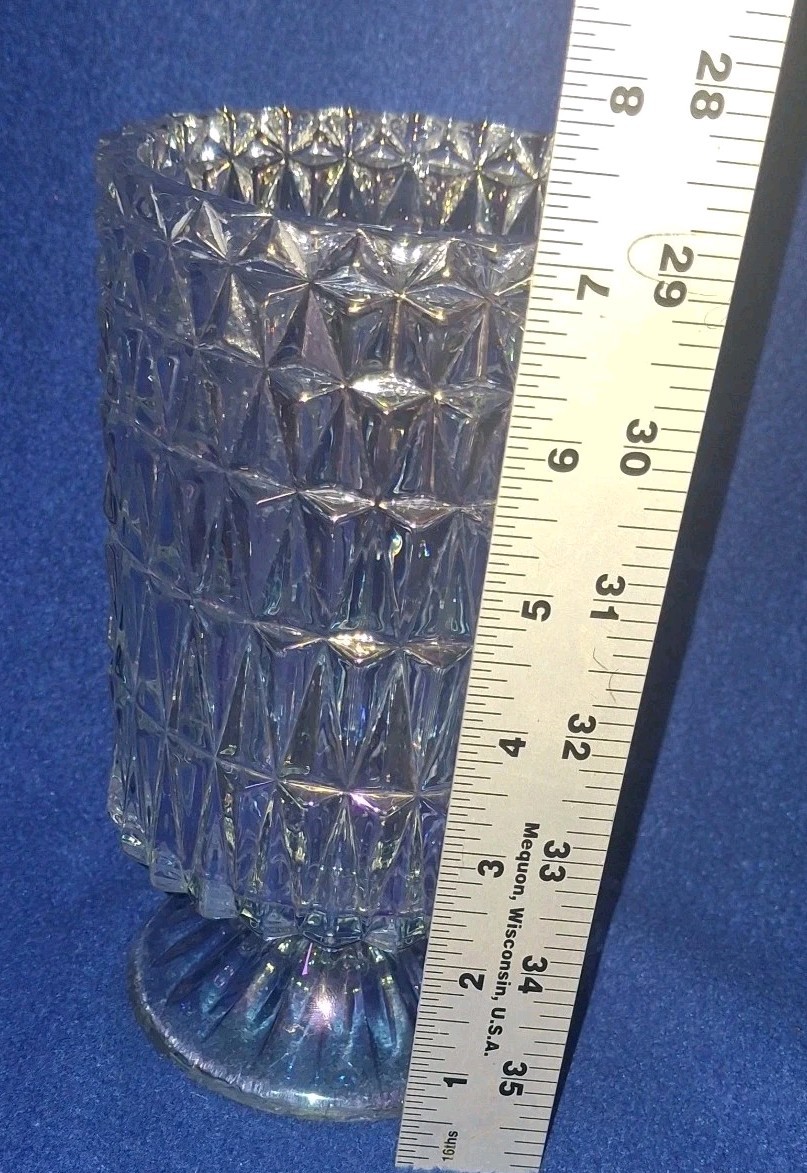 VTG Indiana Glass Diamond Point Iridescent Footed Vase 7.25” Heavy Pressed Glass