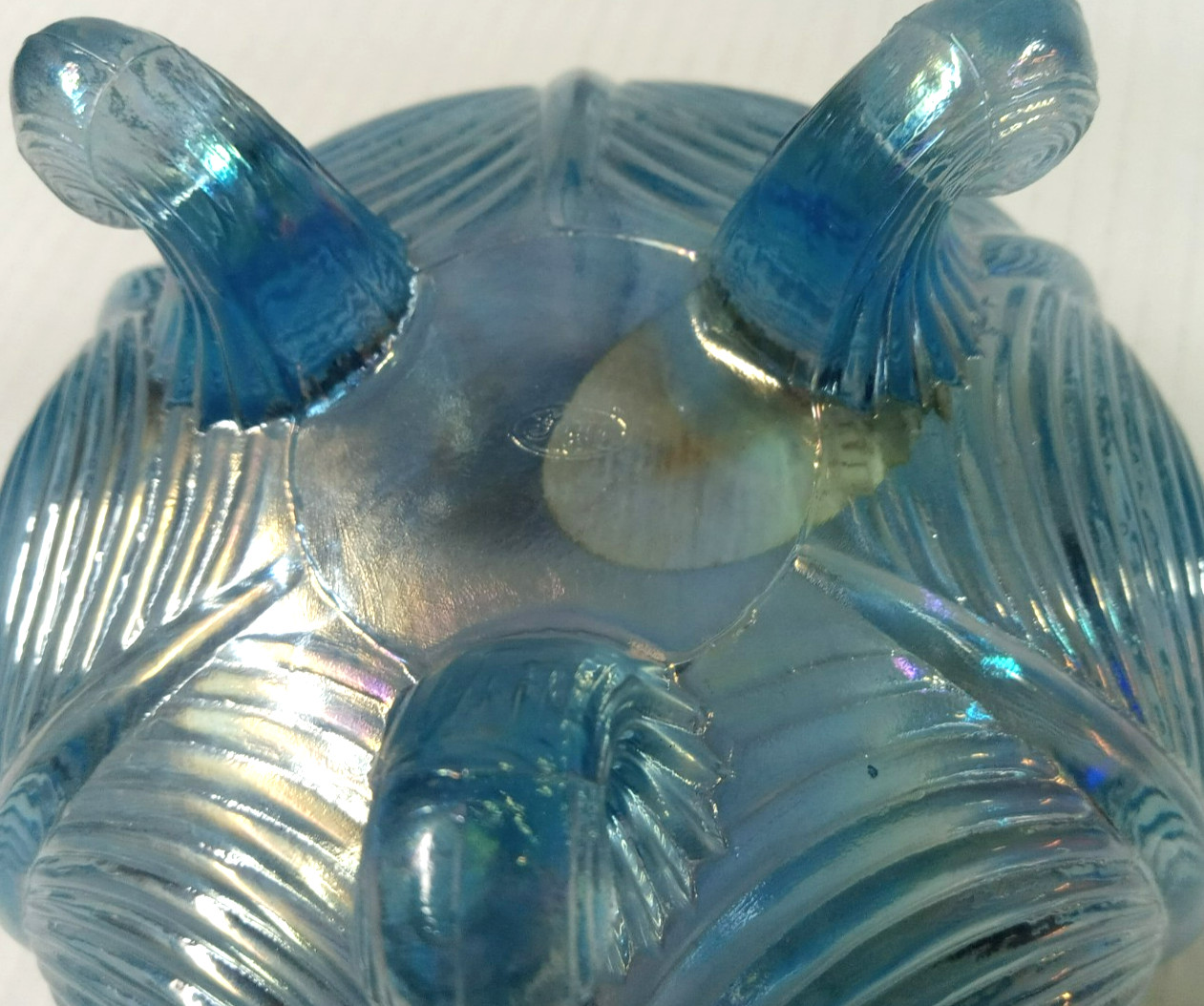 Fenton Blue Opalescent Glass Three Footed Rose Bowl Vase Drape