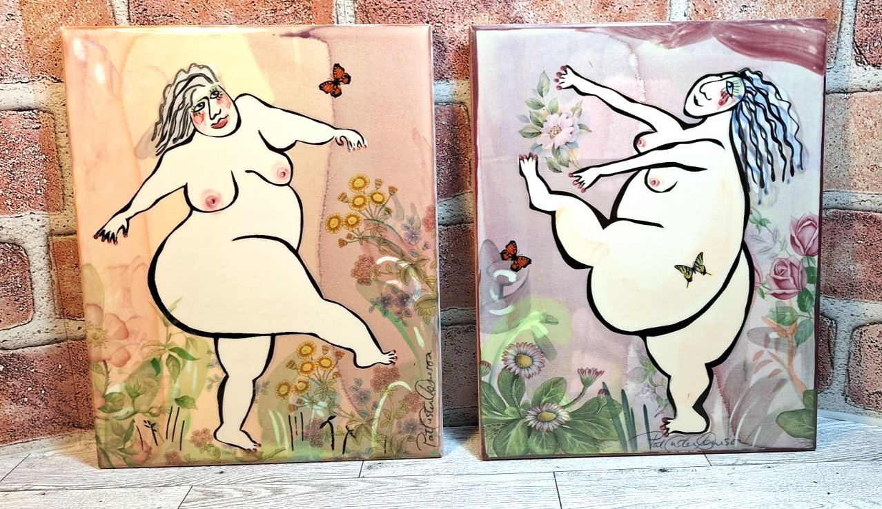 Pair of Pat Custer Denison Art Tiles Signed Set of 2 – 8″ x 10″ Shower Tiles