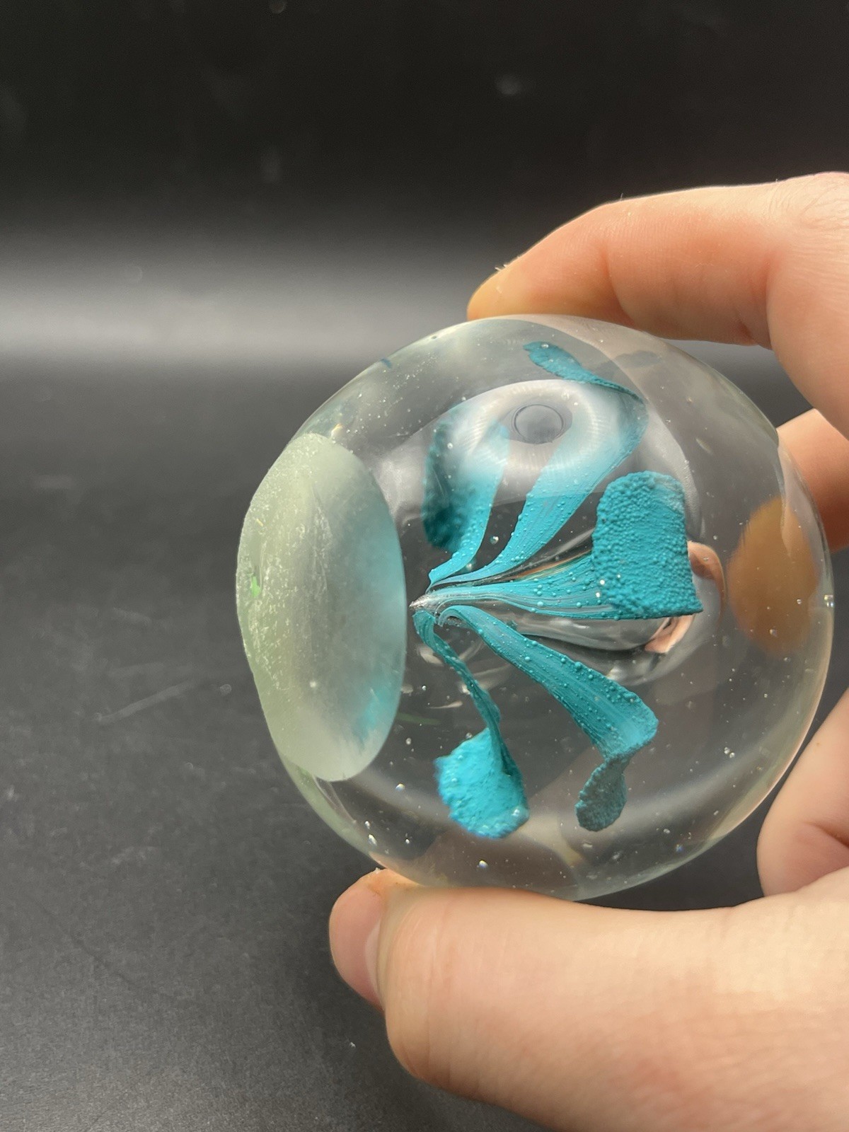 Teal Blue Round Hand Blown Glass Art Paperweight Flower Controlled Bubble 2.5 in