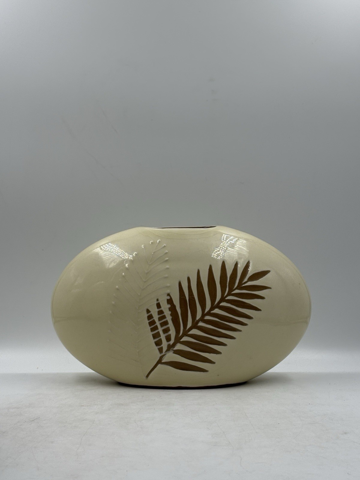 Pair Of Two MCM Vintage Fern Vases Retro With Raised Fern Print Ceramic