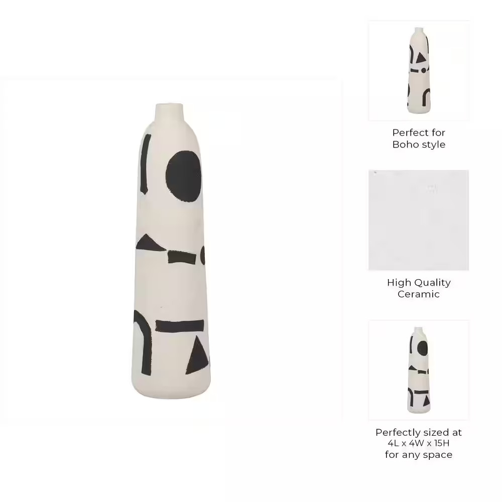 15 In. Ivory Stoneware and Suar Wood round Abstract Funky Decorative Vase
