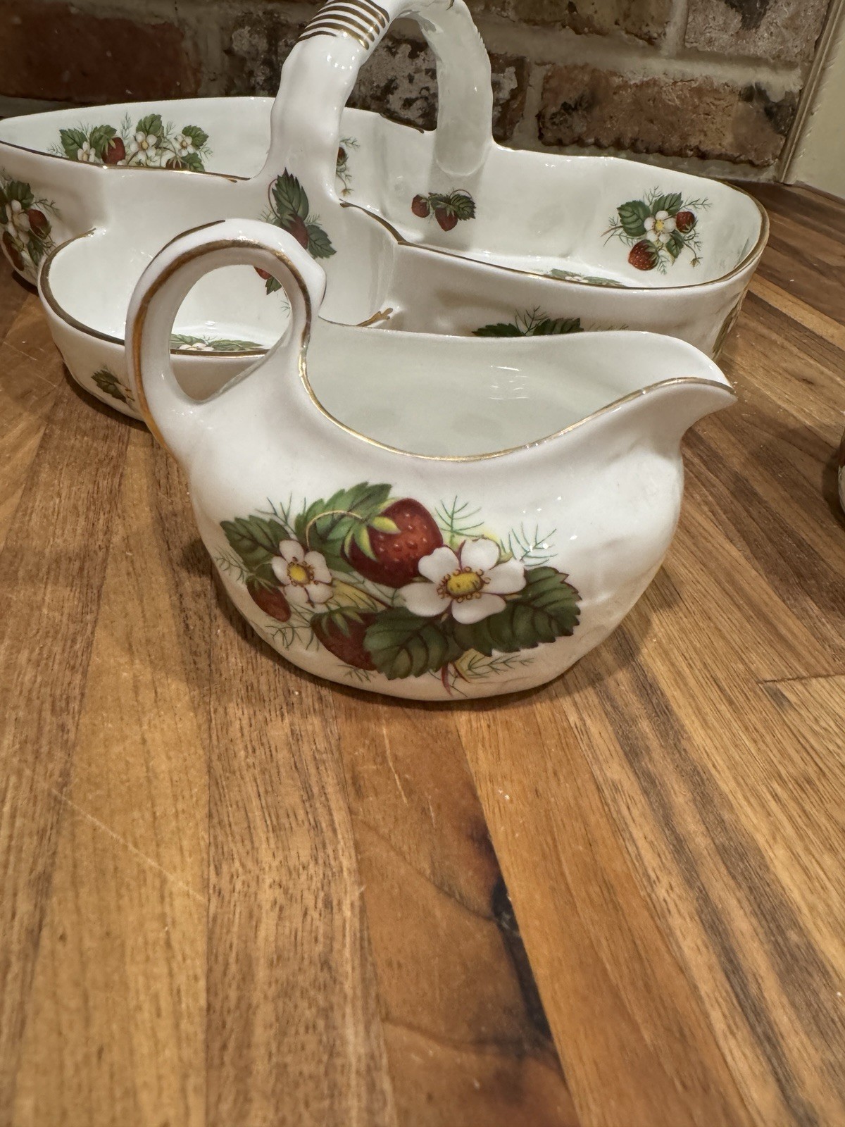 Vintage Hammersley Strawberry Ripe Berry Tea Basket with Sugar Creamer 3 Piece