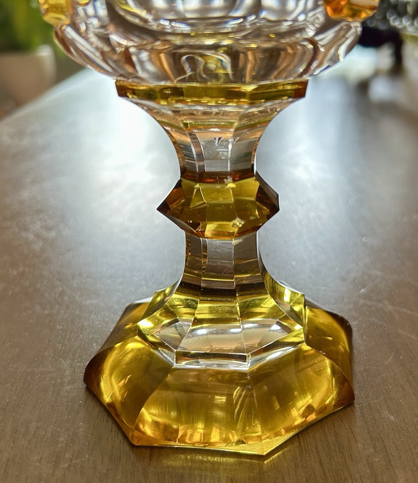 Rare Antique Bohemian Amber Cut to Clear Goblet With Scenes Of 2 Cities 7” Tall