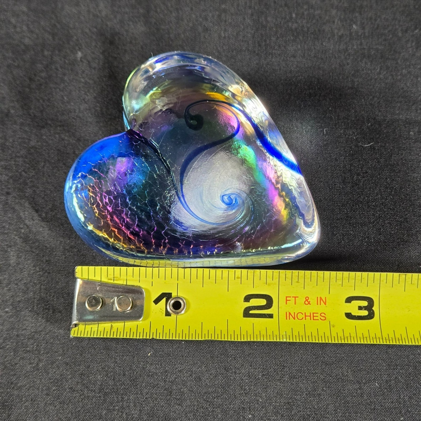 Robert Held Signed Art Glass Iridescent Swirl Heart Paperweight w Sticker Canada