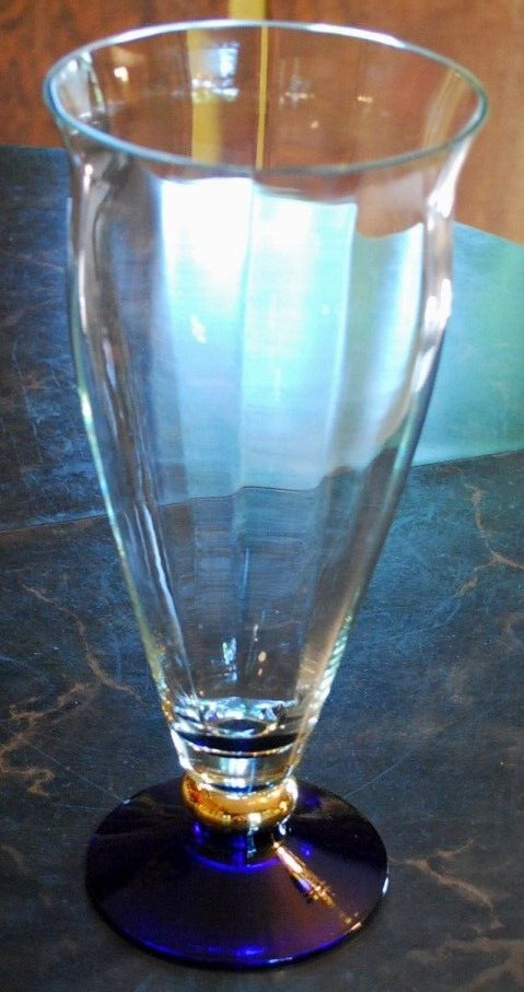 Vtg Tiffin Franciscan HAND BLOWN OPTIC GLASS Trumpet Vase COBALT BLUE FOOT/GOLD