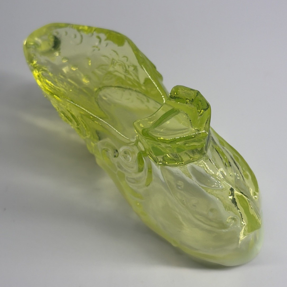 Mosser Opalescent Vaseline Uranium Rose Slipper Shoe Figurine 6″ UV Glow Vintage