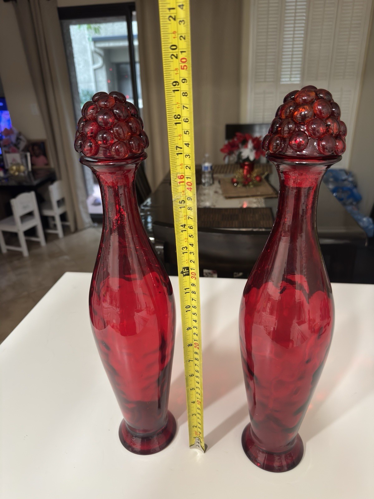 Set Of 2RARE Red Glass Decanter Round Glass Cork Stopper 19″ TALL MADE IN SPAIN