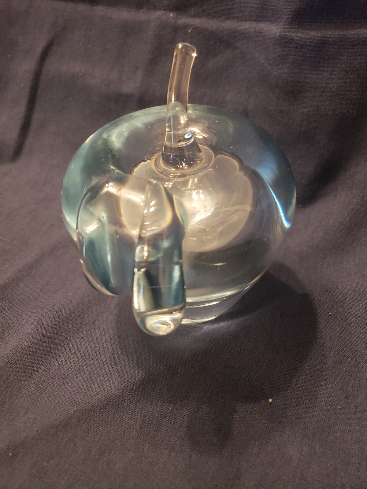 Hand blown art glass apple with stem about 6″, clear, paperweight, teacher gift