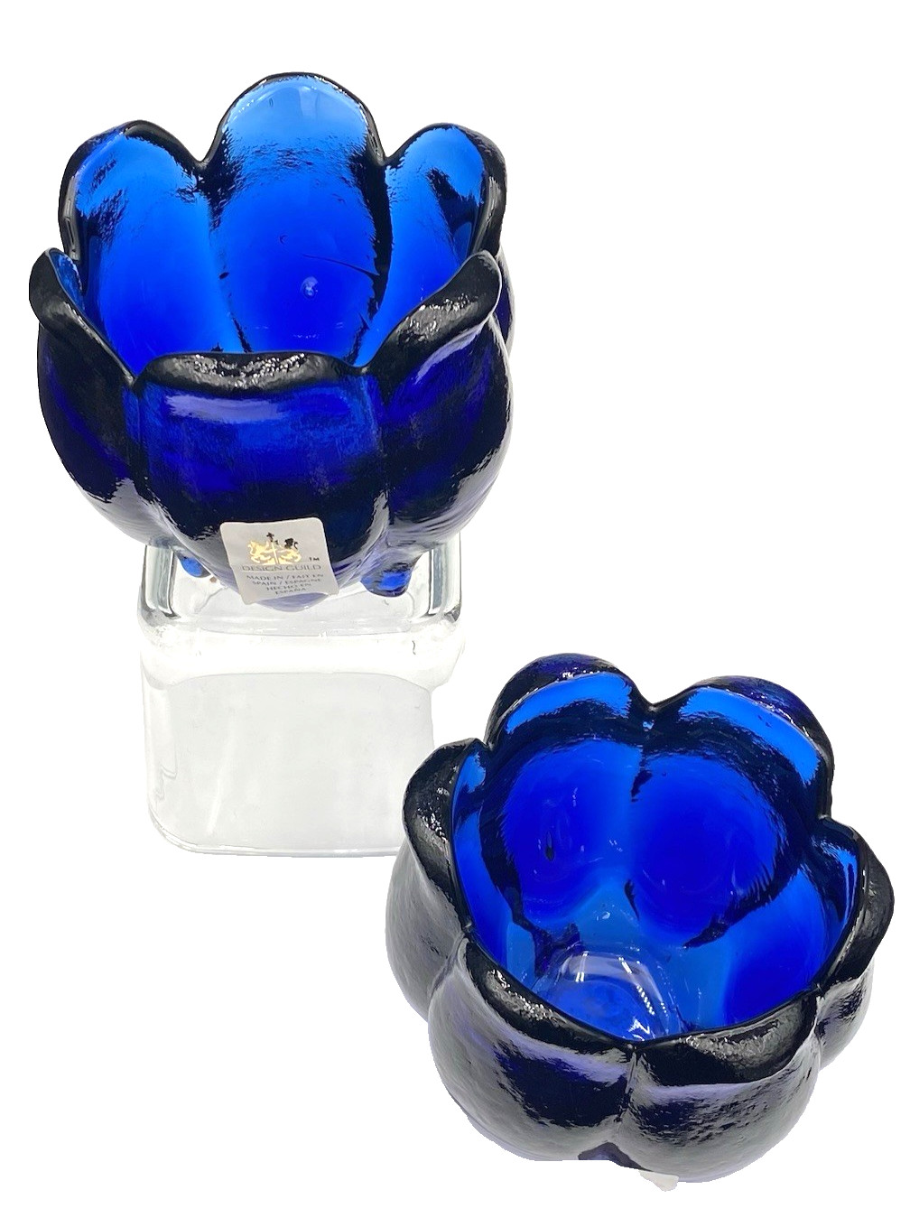 Pair – Design Guild, Spain, Crystal Clear Cobalt Blue Heavy Glass Candle Holders