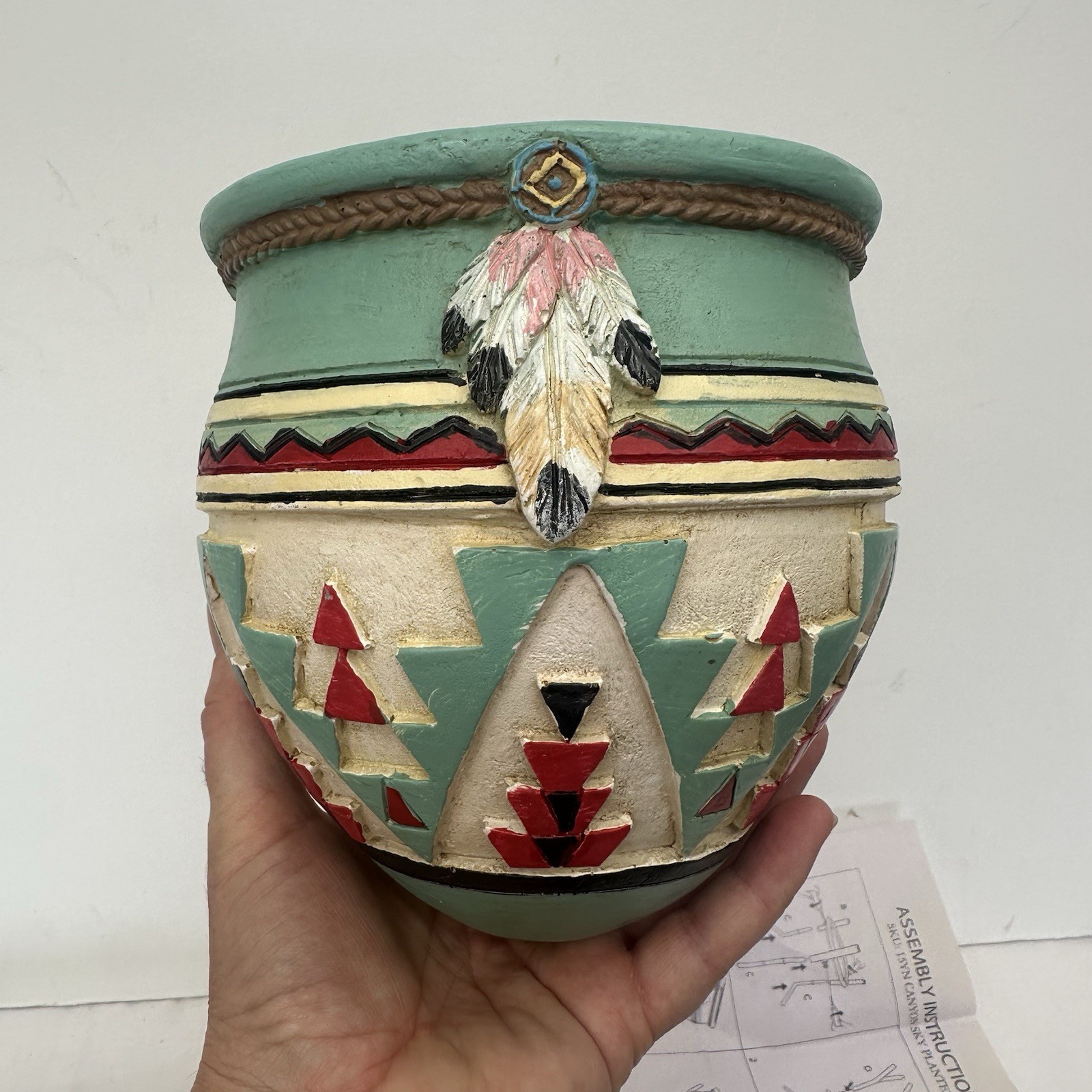 Art Pottery Planter Aztech Red Turquoise Native American 10″ Tall On Stand
