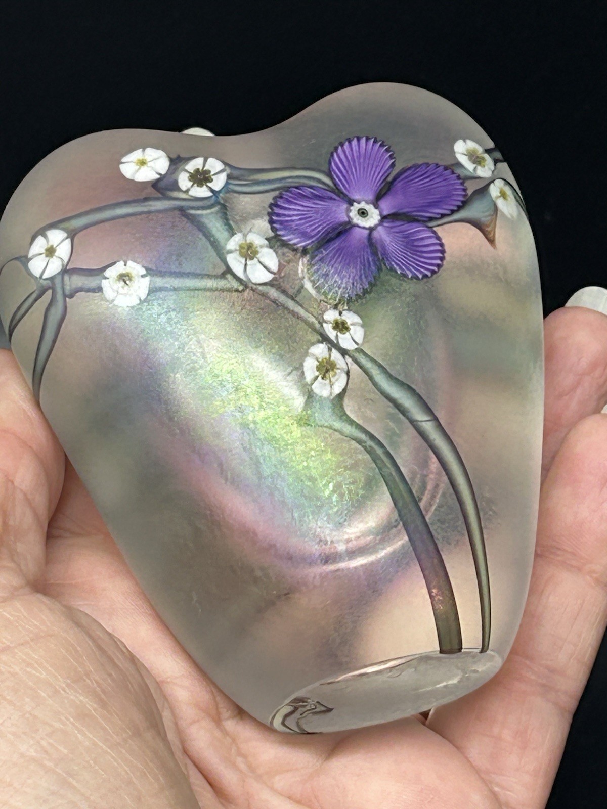 Zellique Studio Heart Iridescent Purple Flower Morel Signed Glass Perfume Bottle