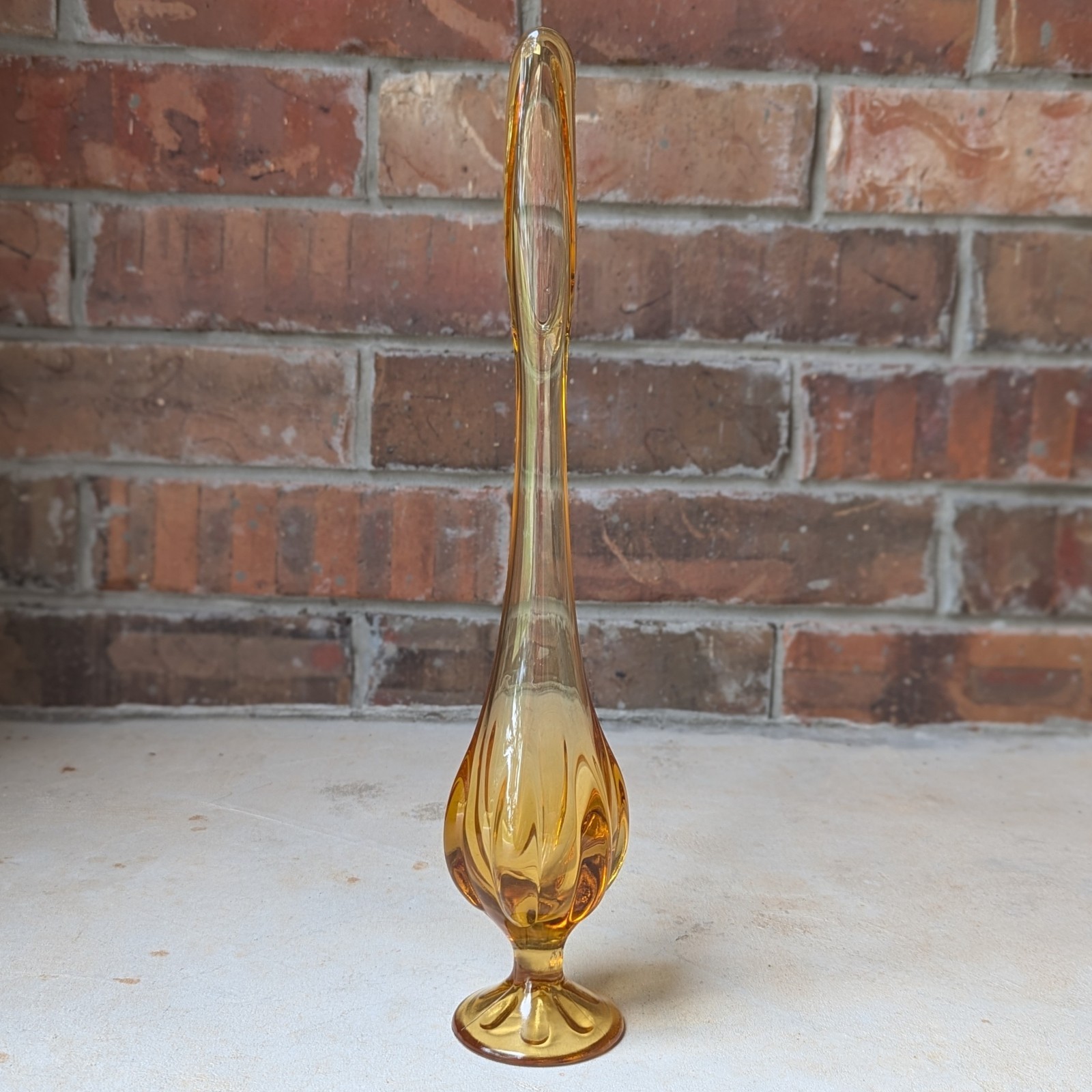 Viking Glass Swung Vase Amber Six Petal Footed Ribbed Vintage MCM 14″ Tall