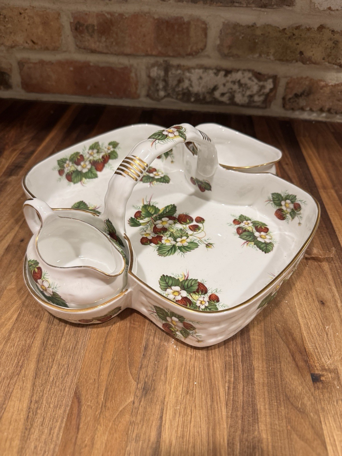 Vintage Hammersley Strawberry Ripe Berry Tea Basket with Sugar Creamer 3 Piece