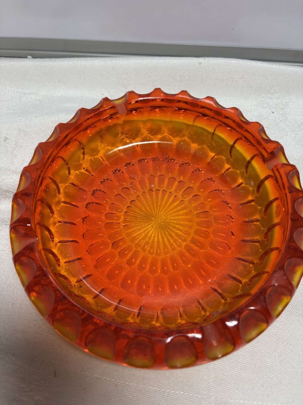 Vintage MCM Amber Tangerine Orange Round 4 Slot Starburst Raindrop Glass Ashtray