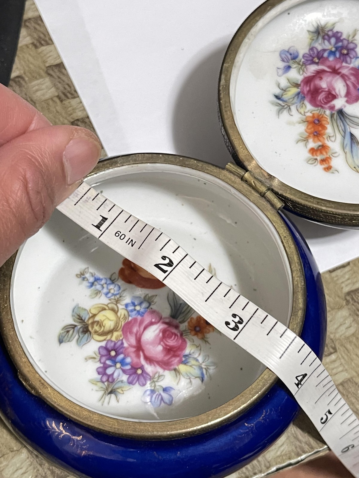 Vintage Cobalt Blue Porcelain Hinged Trinket Box Floral Victorian Scene Japan