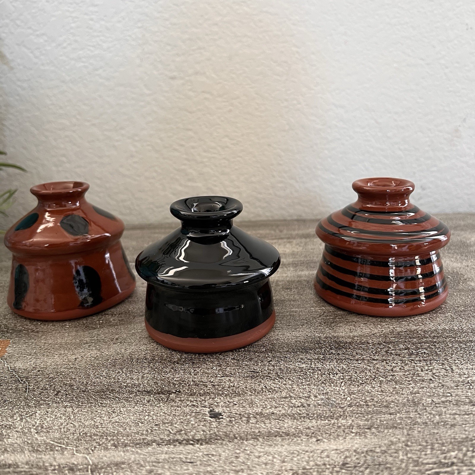 Set Of 3 Vintage Handthrown Redware Ceramic Inkwell or Vase Signed Nutt, MEL