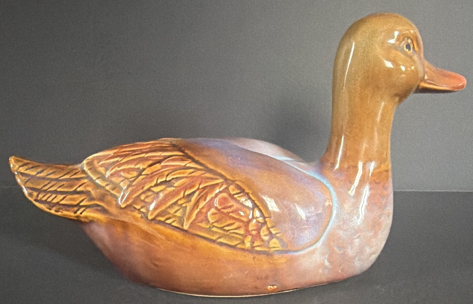 Glazed Glossy Ceramic Duck Figurine Decorative Brown Orange Blue