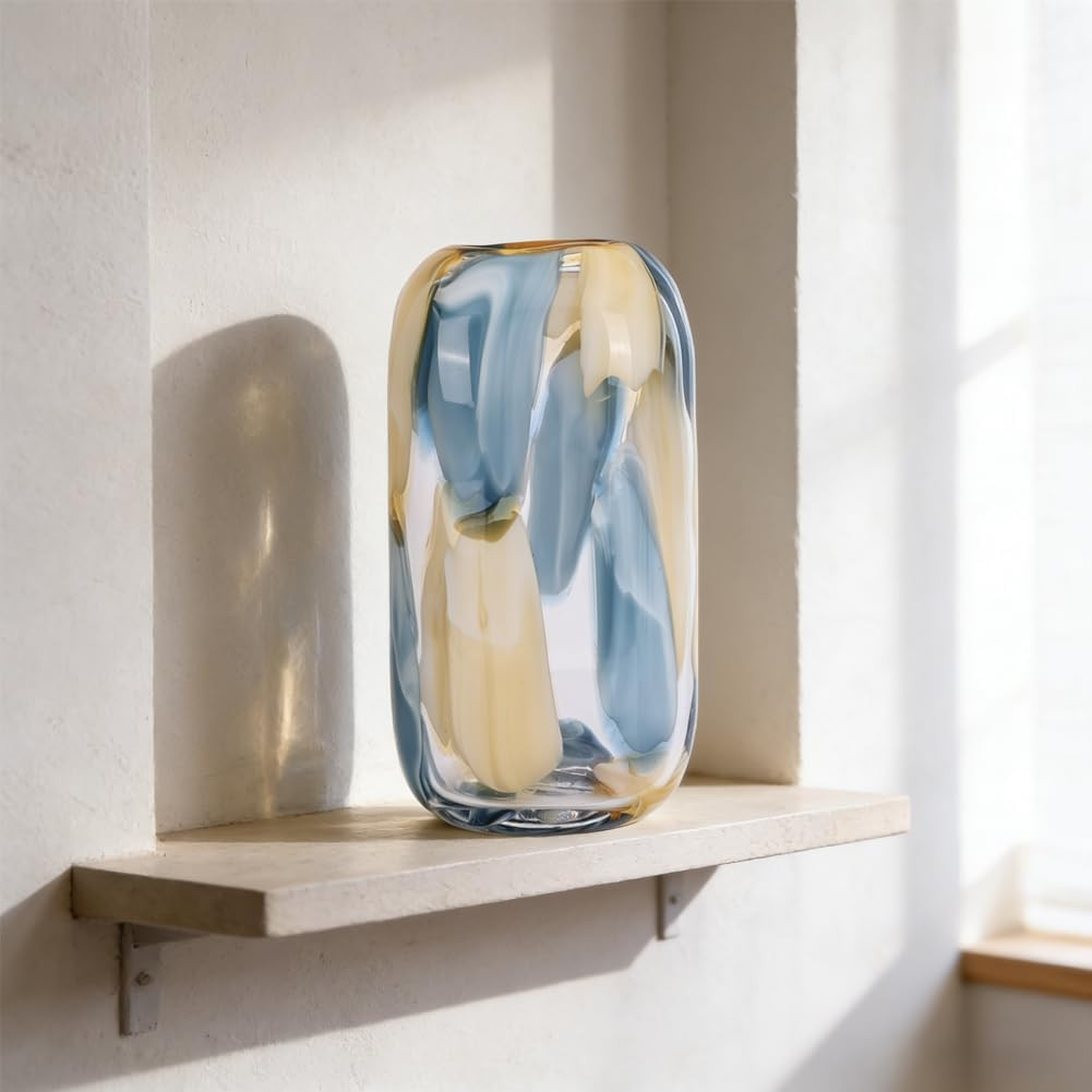 Hand Blown Blue Glass Vase – 12.6″ Decorative Centerpiece for Home Decor