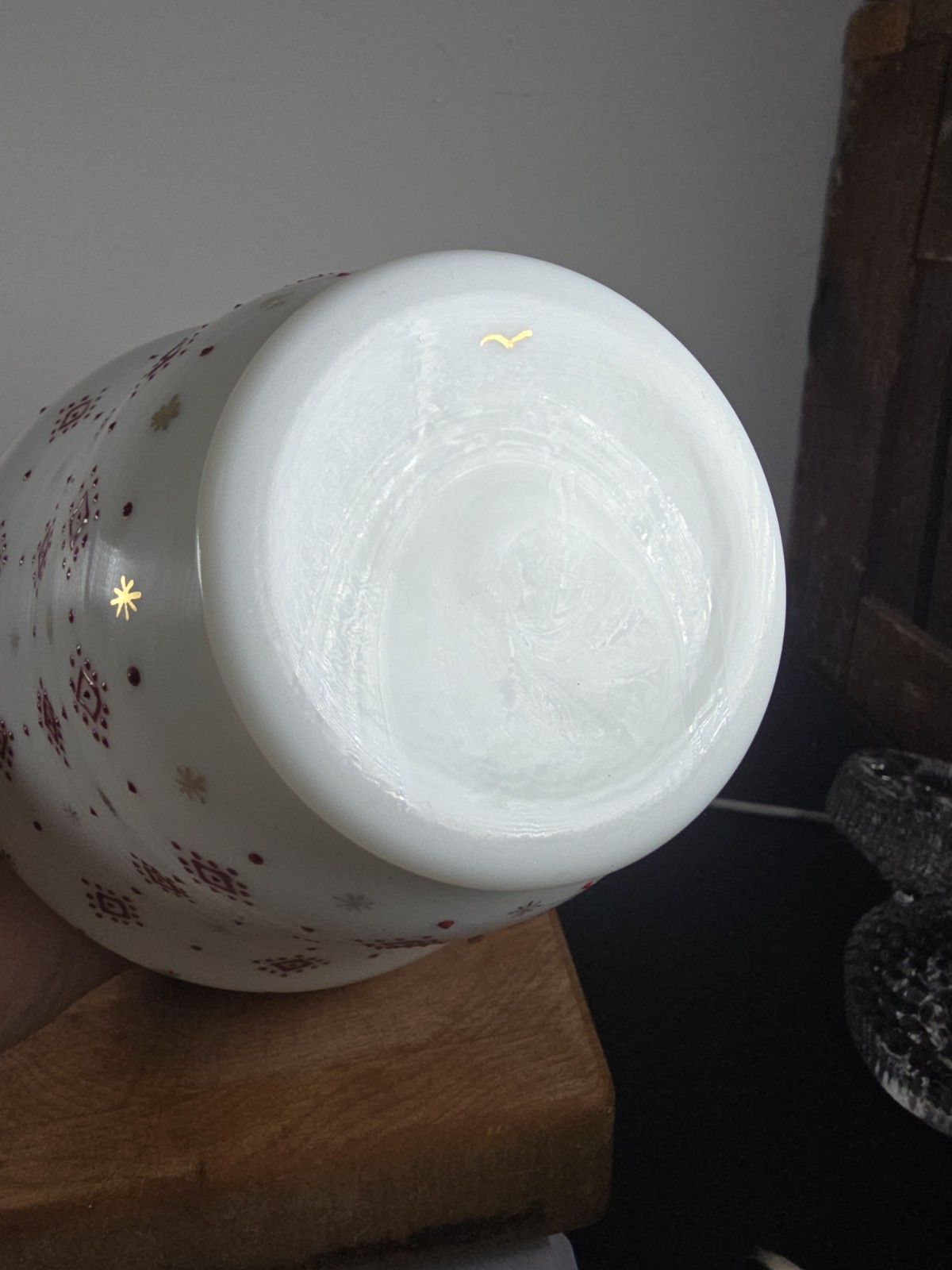 Fenton Charleton Vase Ruffled Gold Stripe Milk Glass Red Geometric Pattern 3001