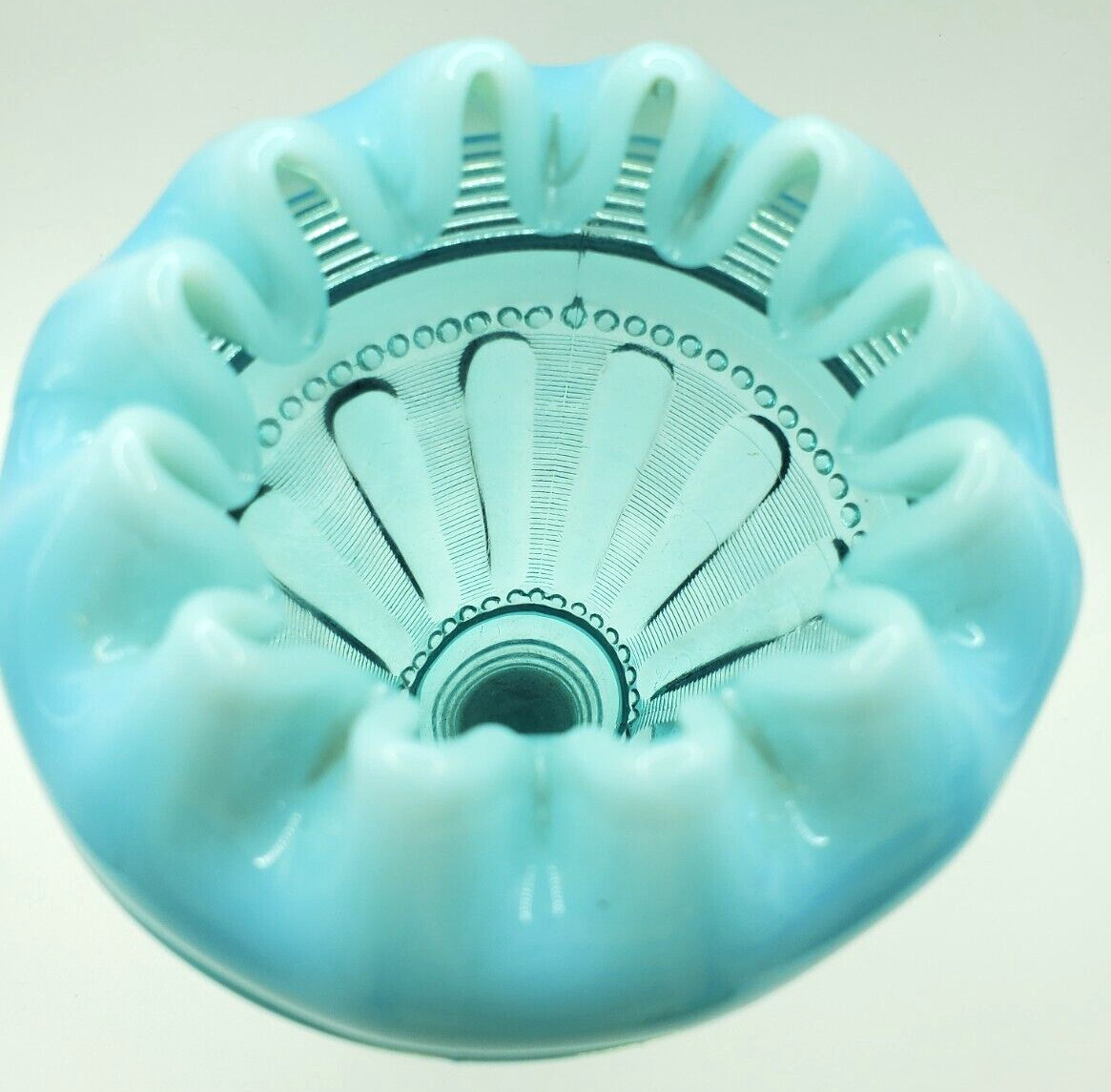 Northwood Opalescent Blue Glass Fluted Bars & Beads Footed Vase
