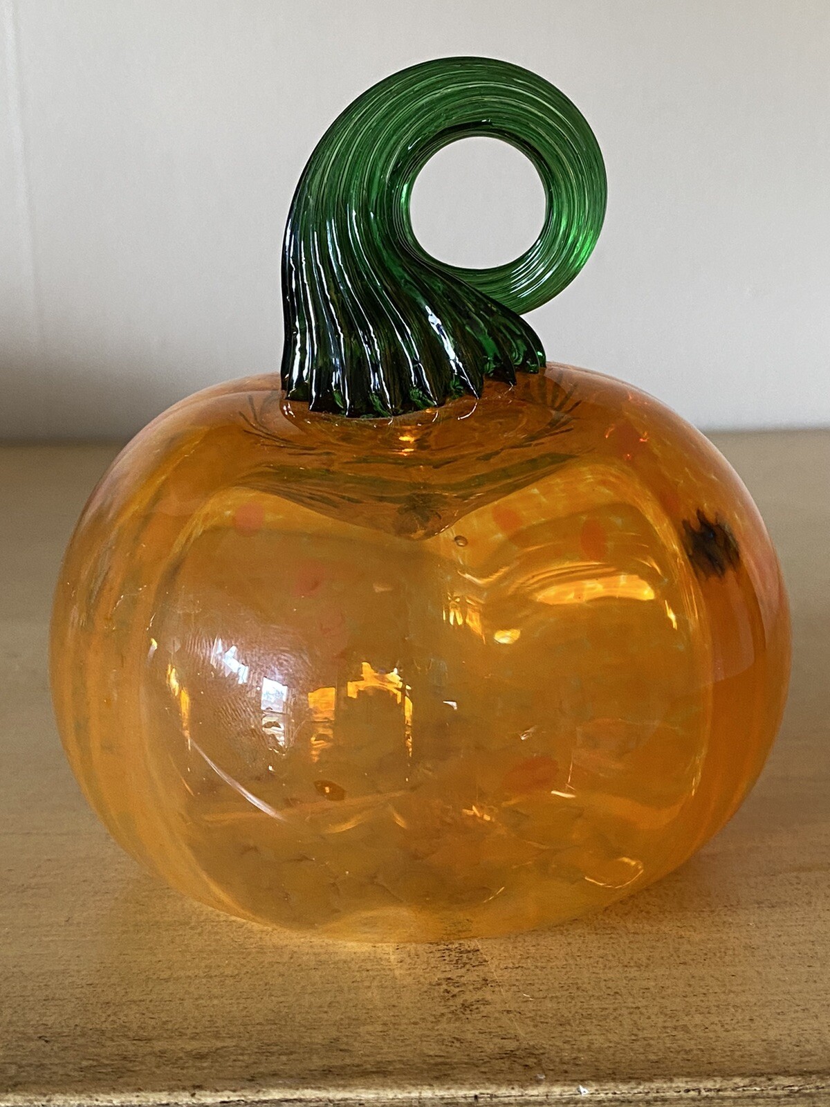 Hand Blown Art Glass Pumpkin Artist Signed Twisted Stem 4” Tall Orange Green