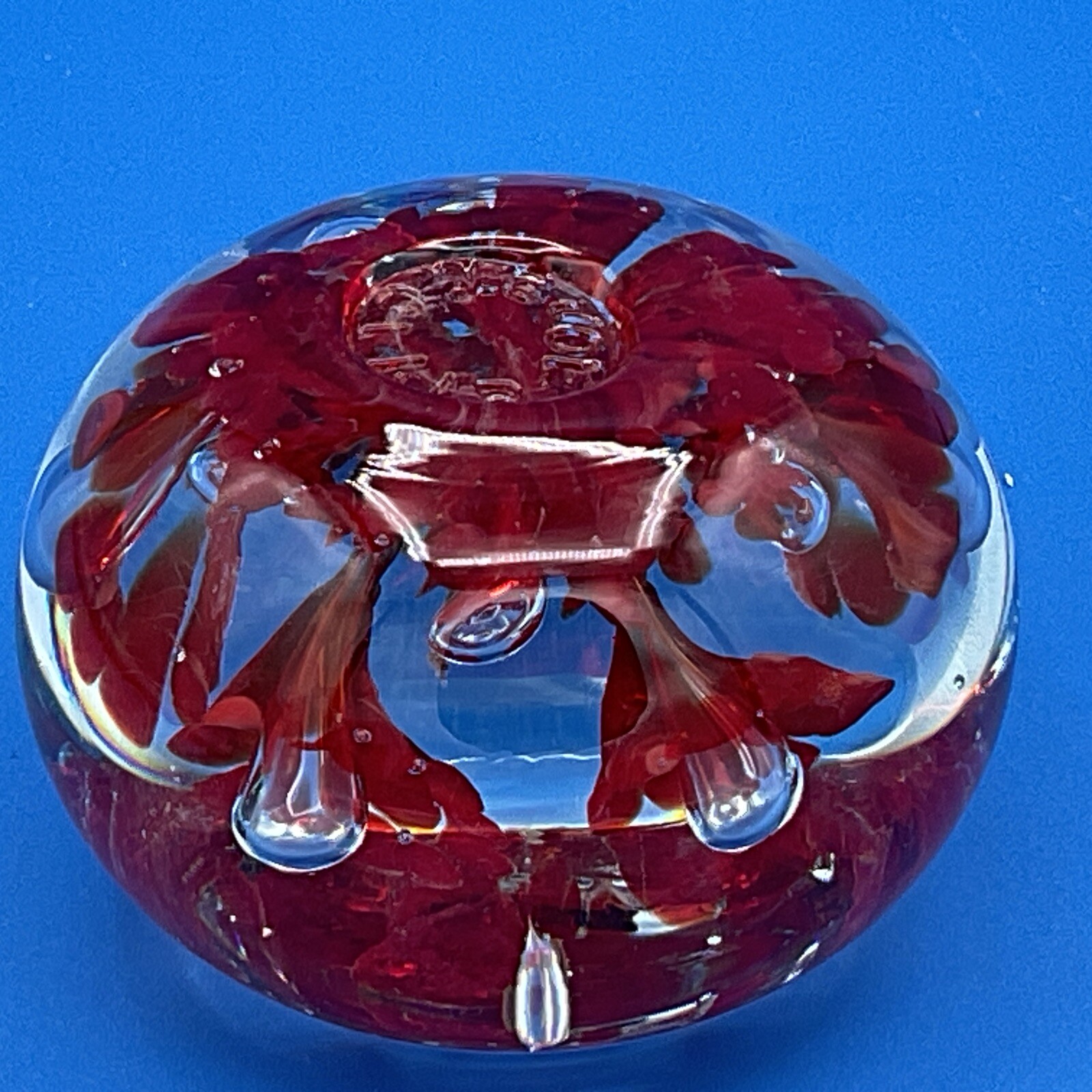 Vintage Joe St Clair Studio Art Paperweight-Controlled Bubble- Red Flowers