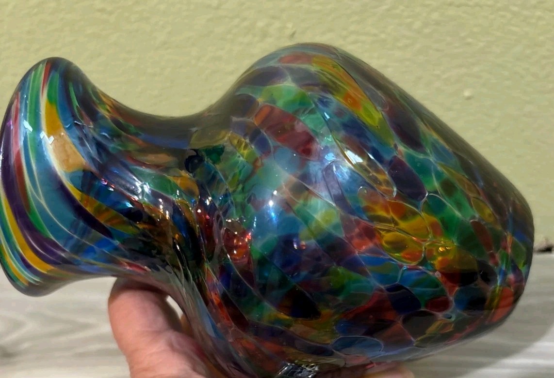MSH Roger Vines Art Glass Multi Colored Ribbon Design Vase SIGNED/DATED 03