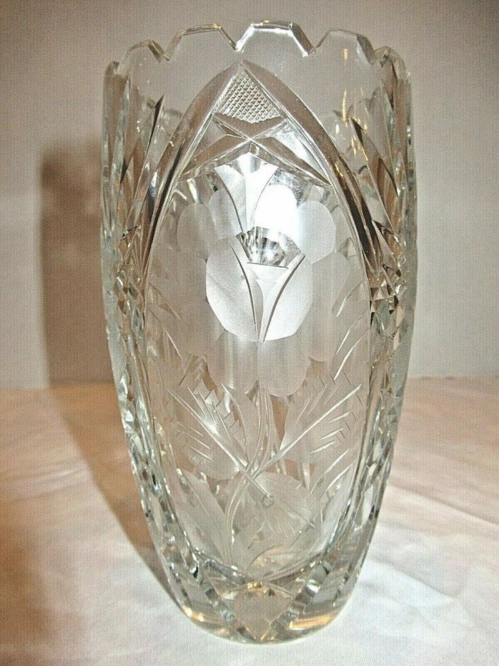 Heavy Clear-Cut Crystal 6″ Vase Etched Flowers and Notched Rim