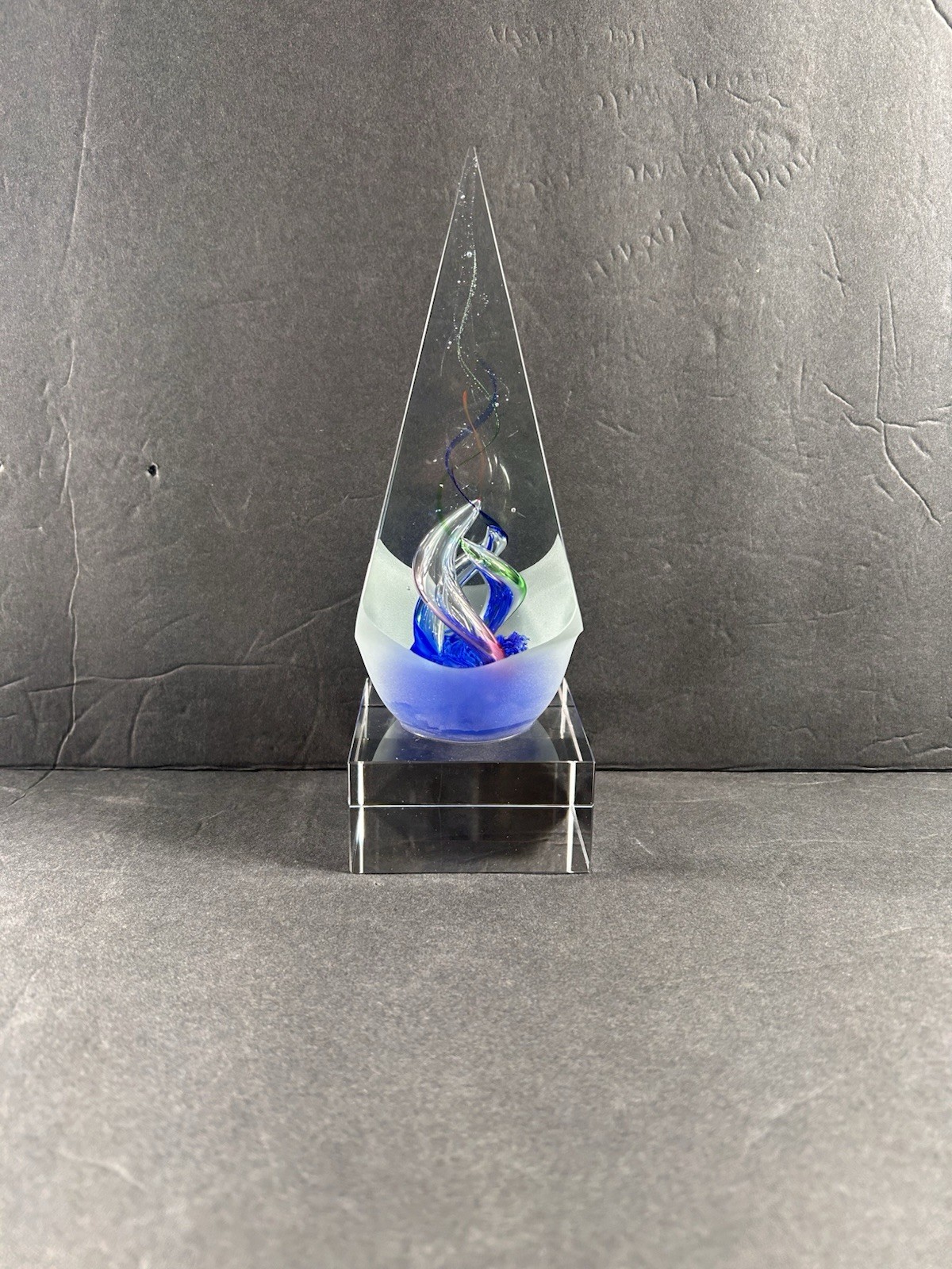 Obelisk Paper Weight Office Decor 8” X 2 3/4” Clear and Blue