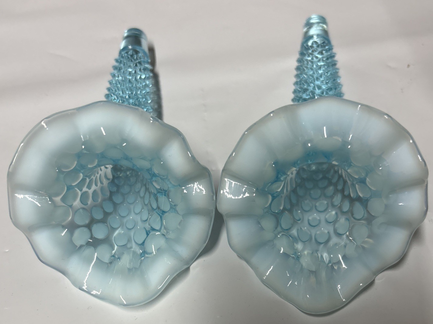Fenton Horn Vase Epergne Opalescent Blue Aqua Hobnail 5 inches set of 2
