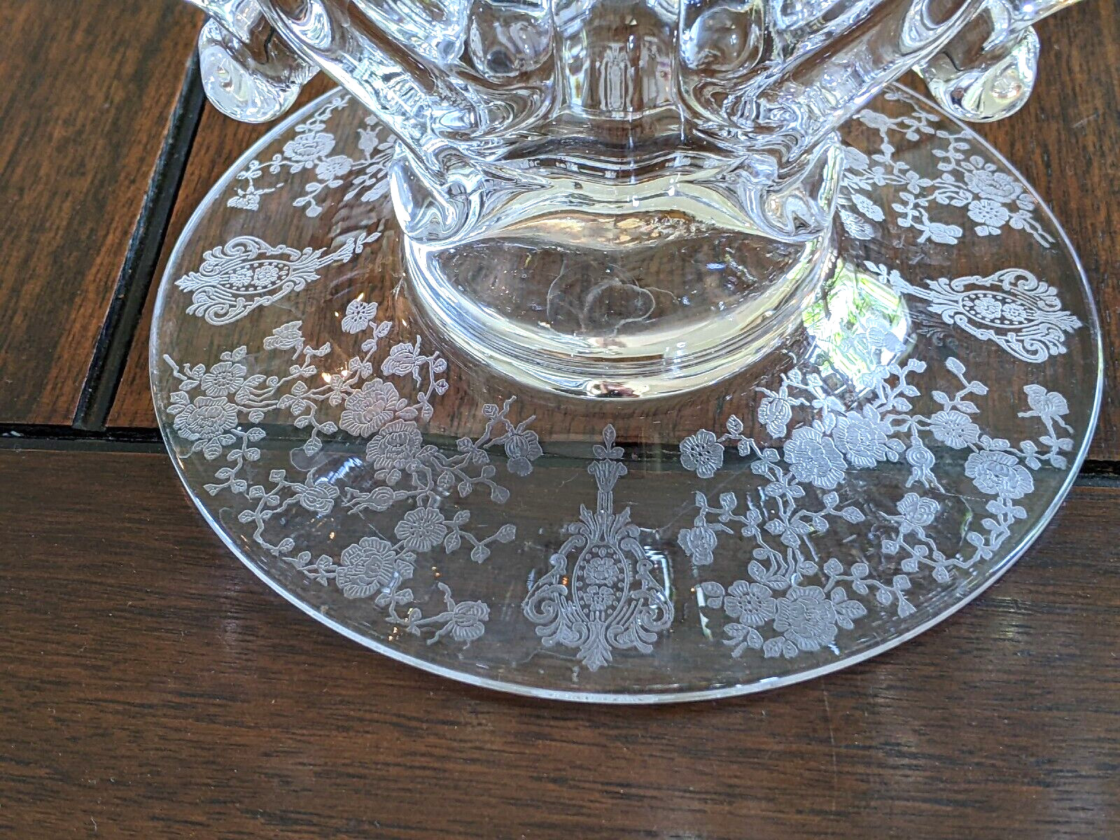 Pair Cambridge Rose Point Clear 3 Light Candle Holders (3400/638) Excellent