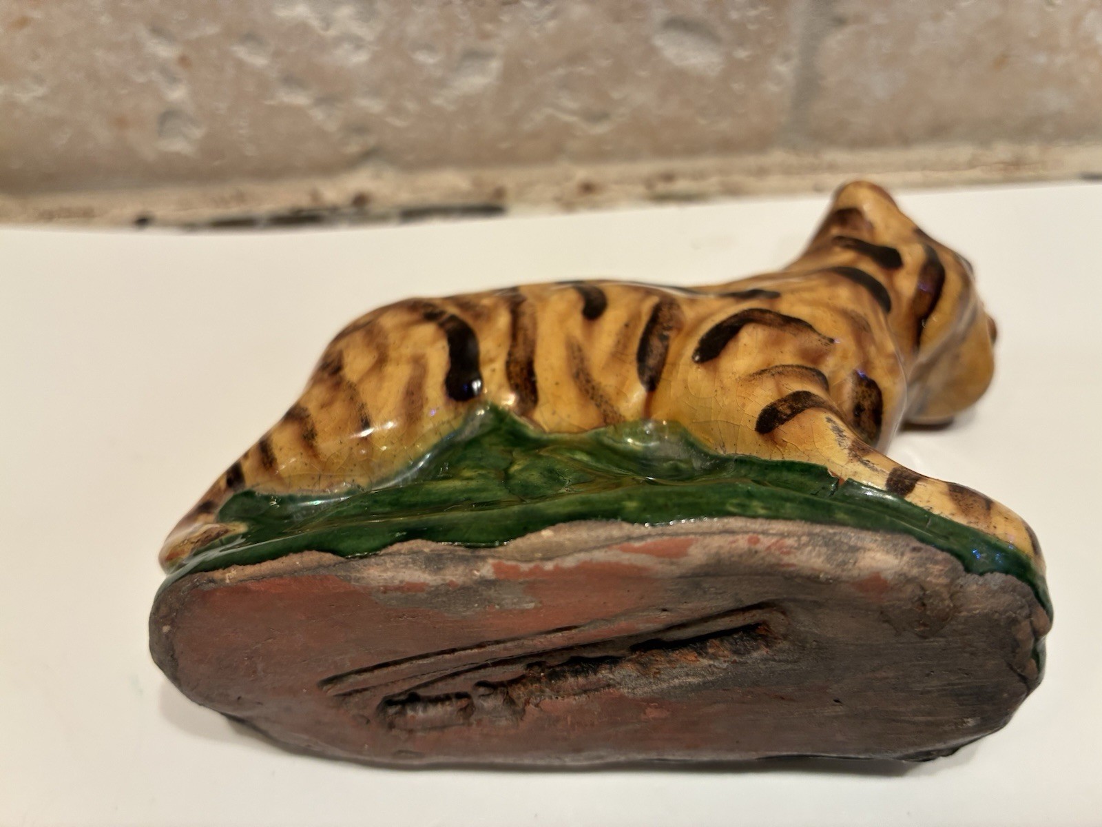 Vintage Mary Spellmire Schooner Tiger Figurine Folk Art Redware Clay Pottery