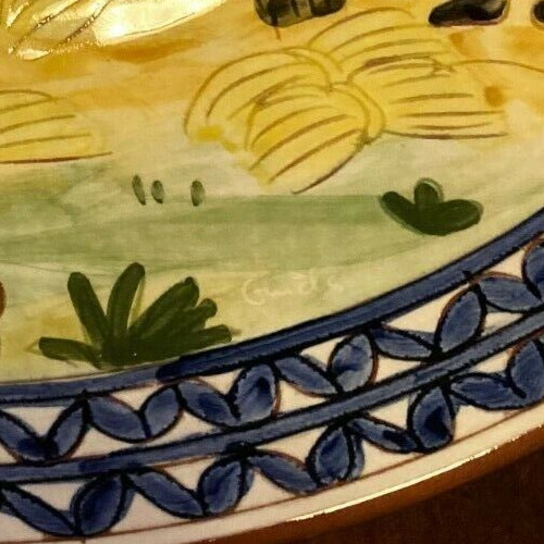 18″ FOLK ART HAND PAINTED PLATTER FARMING SCENE ~Terracotta~Signed