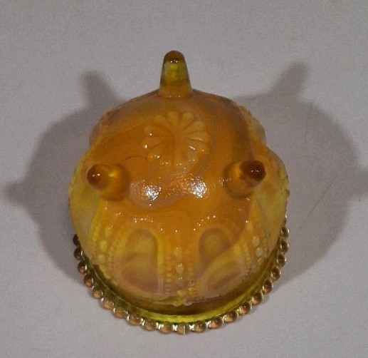 Boyd Glass Gypsy Pot Cauldron Toothpick Candle Holder Yellow Orange Slag UV Glow