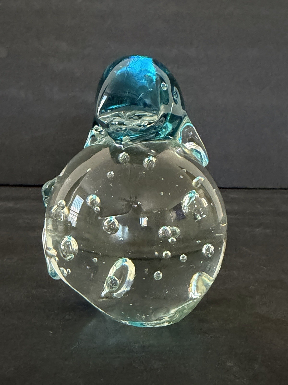 Blue Dolphin on Water Figurine Art Glass Paperweight Clear Bubbles Coastal 4”