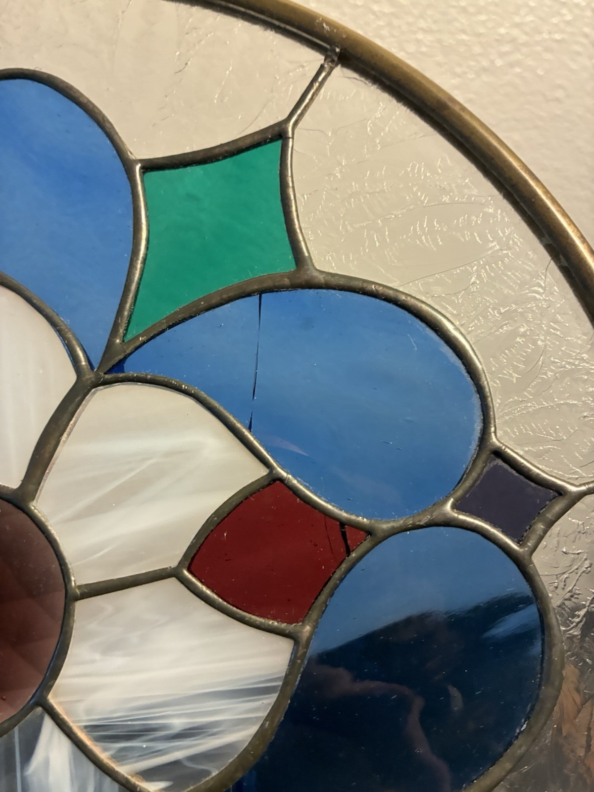 Stained Glass Leaded 11” Round Handmade Window Panel Textured Brass Sun Catcher