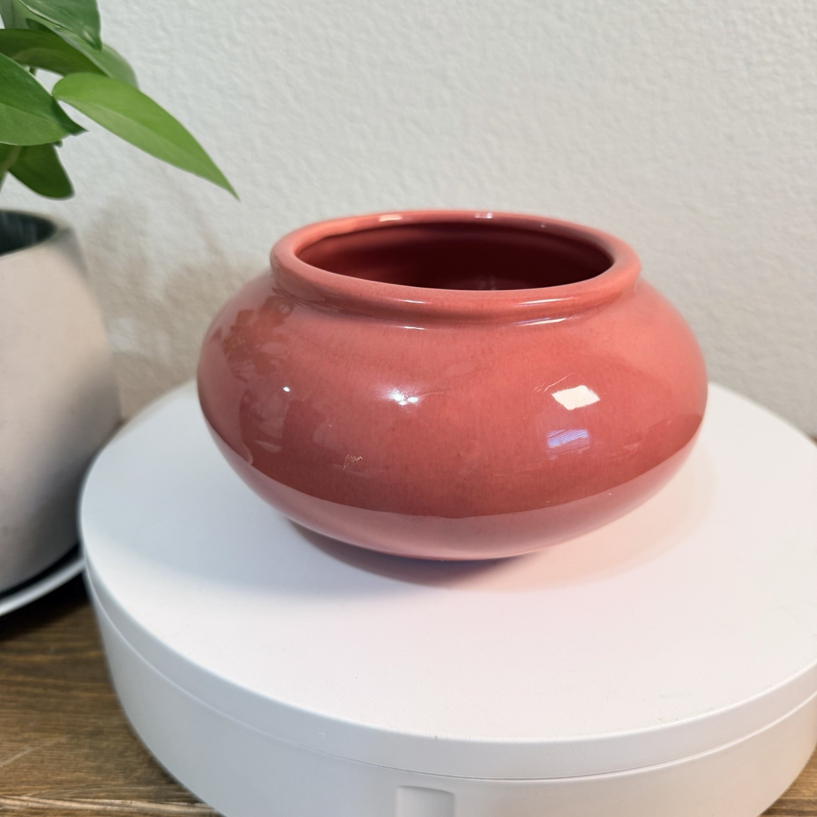Vintage small Round art pottery Rose Bowl Pink glaze