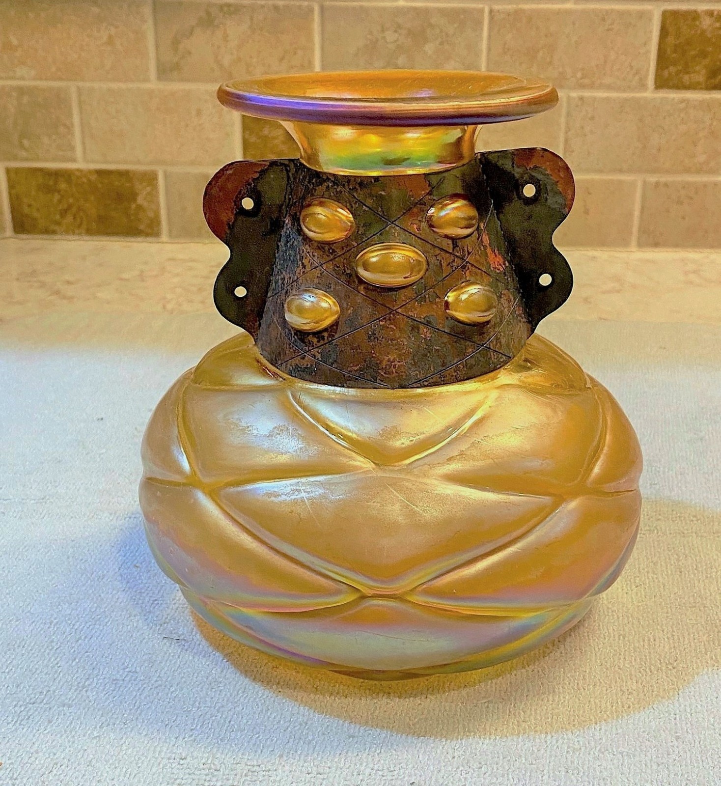 Silvestri Mouth Blown Iridescent Glass Vase Copper Cuff Brutalist Italian 7″