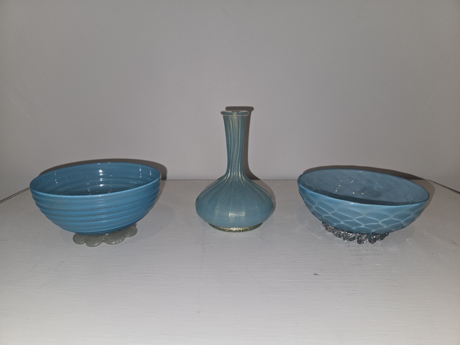 Set Of Blue Gold Barovier & Toso Glass Vase And Bowls With Label