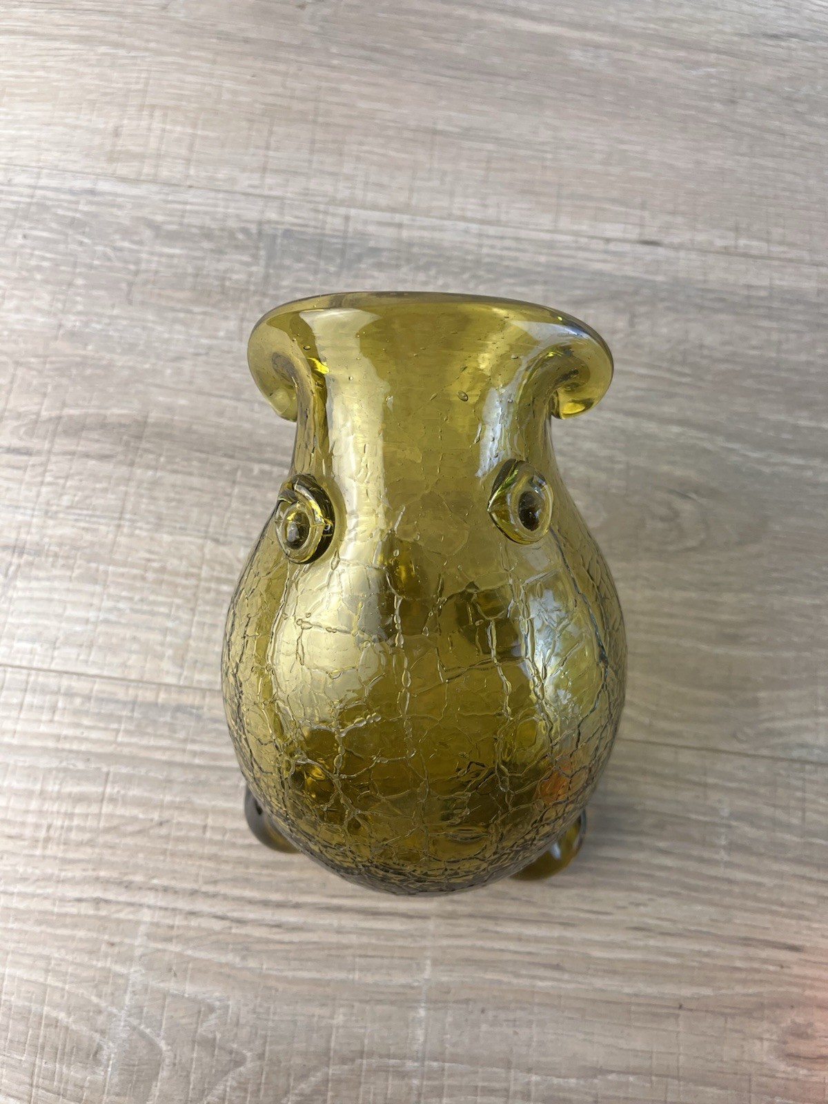 Rare Vtg MCM Yellow Green Crackle Glass Figural Frog Vase Bowl Blenko? Rainbow?