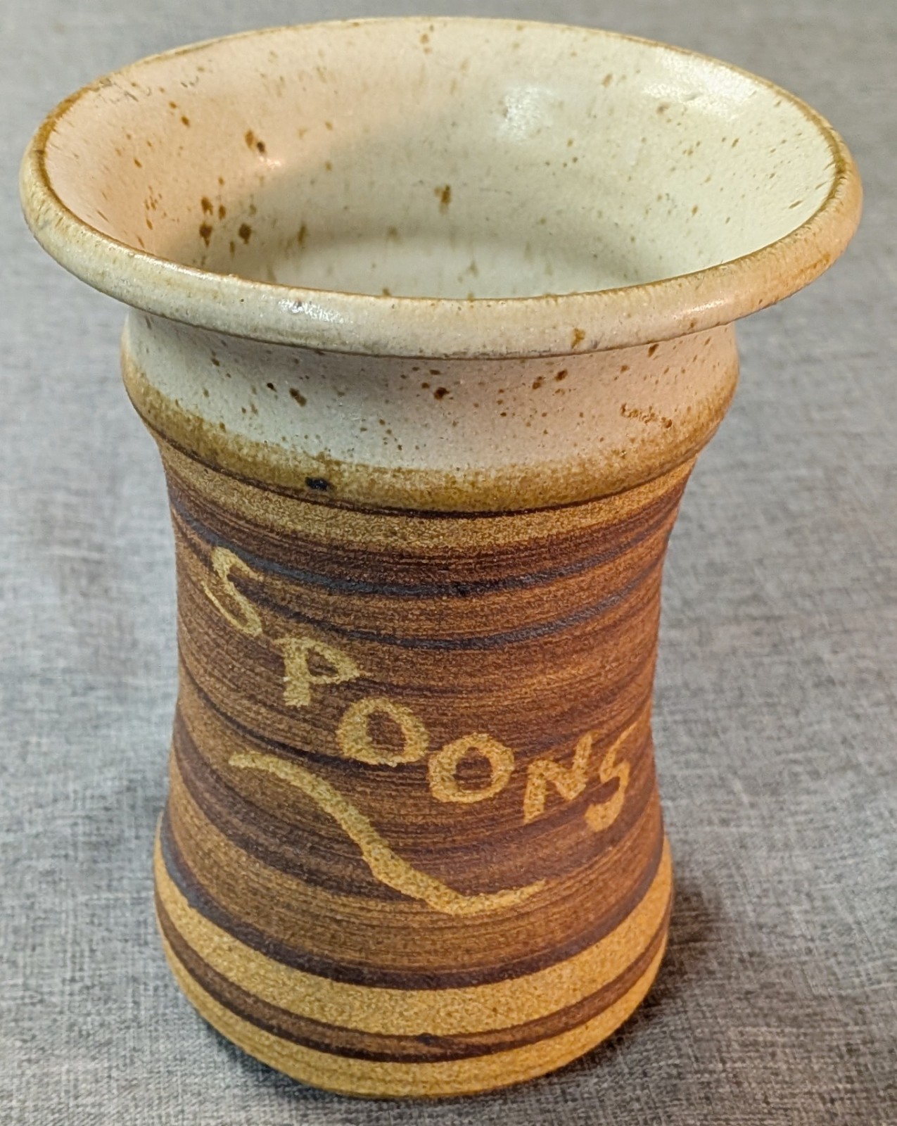 Vintage Studio Pottery Vase Spoons Utensil Rustic Brown Cream Ribbed 6″ Cottage