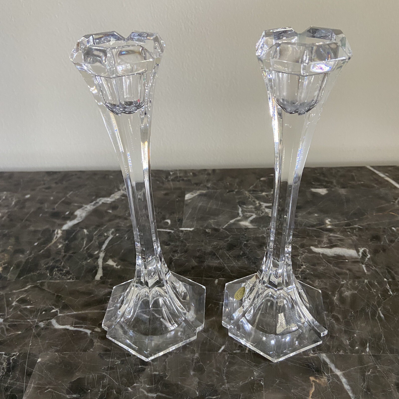 Crystal Candle Holders Czech Bohemian 8 1/8” Pair Hand Cut 24% PBO