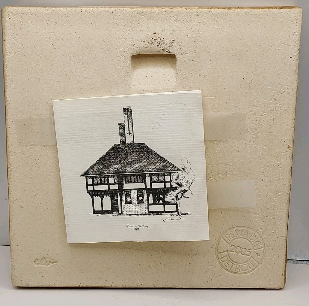 Detroit Pewabic Pottery Sitting Cat Tile muted Mauve Raised Design 7.75″ 2005