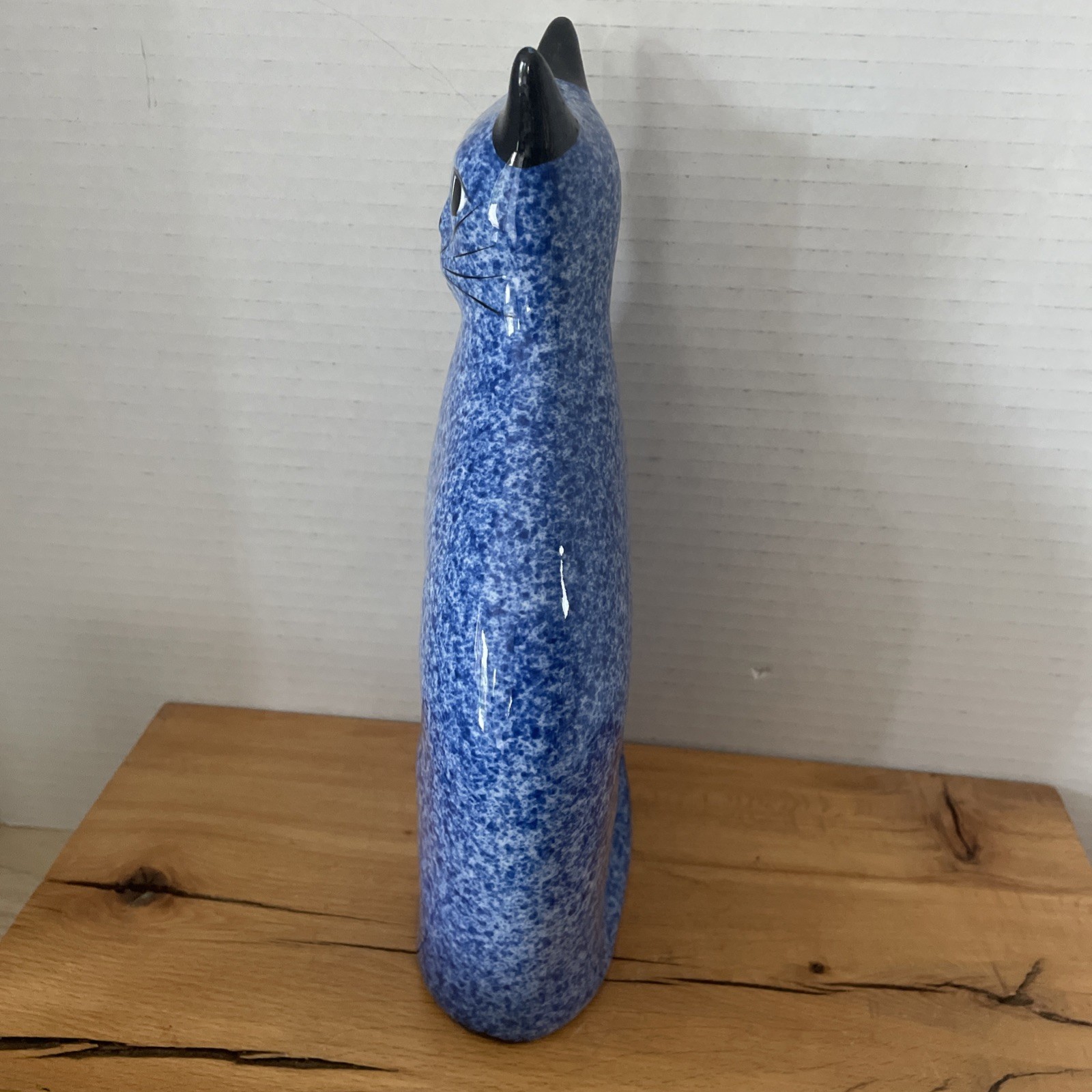 VTG Enesco Ceramic Cat 10”H Cobalt Blue Spongeware Figure Decoration 1980s