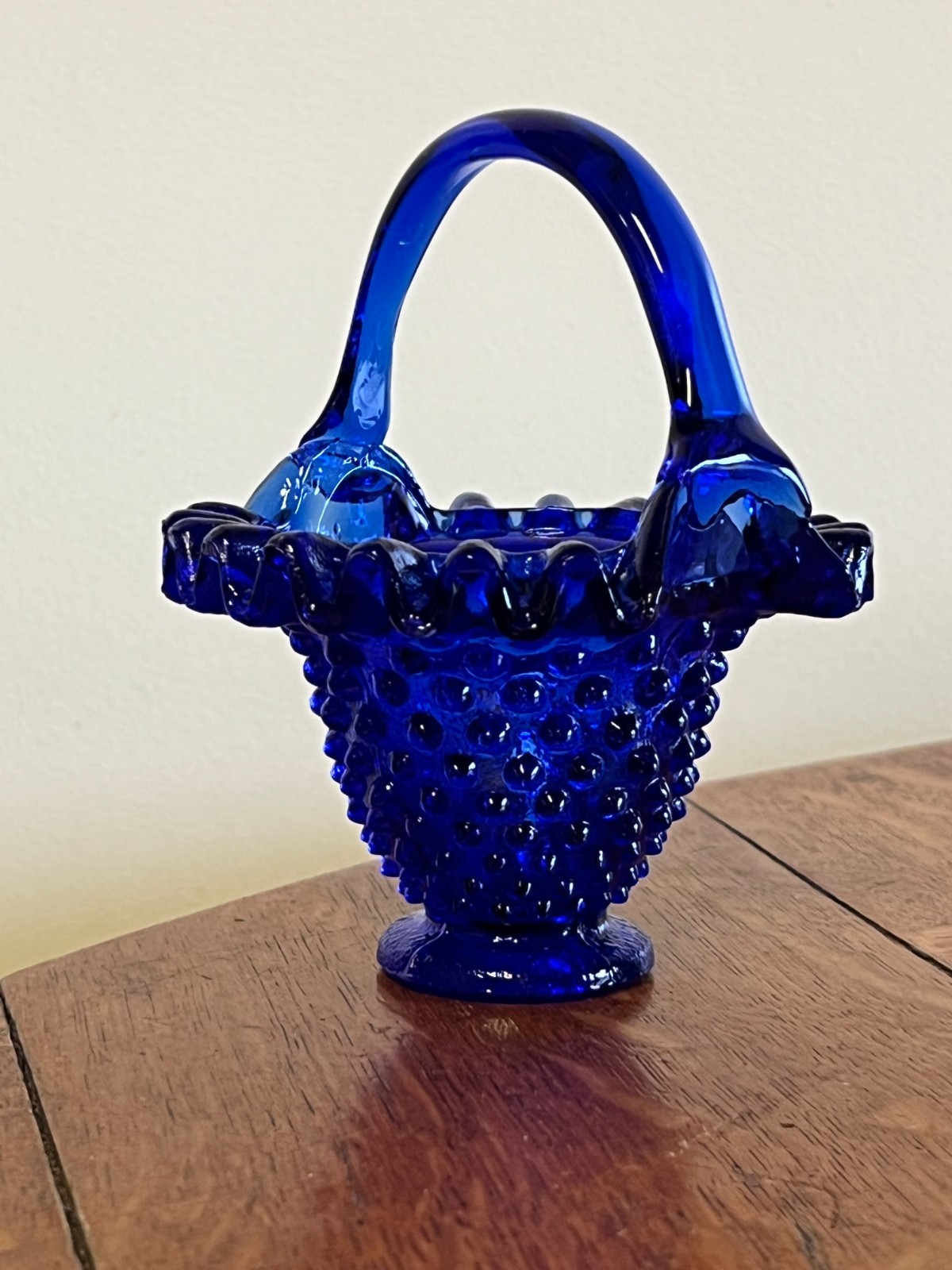 Vintage Cobalt Blue Hobnail Ruffled Basket with Handle