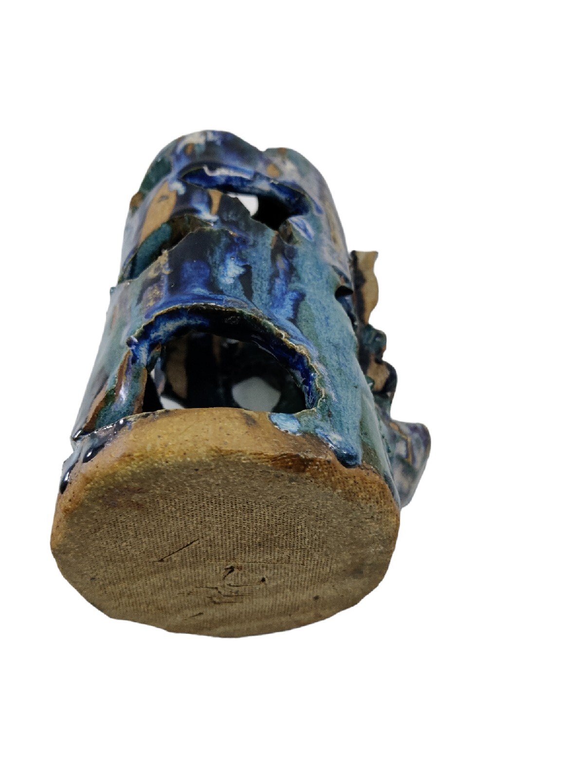 Studio Art Pottery Candle Light Holder Brutalist Drip Blue Glaze Signed Morrison