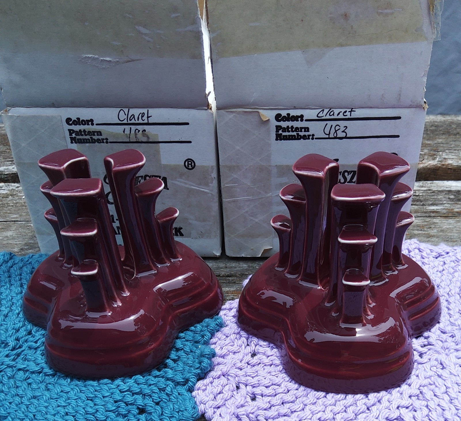 Fiestaware Pair of CLARET Pyramid Tripod Candle Holders #483 Of 500