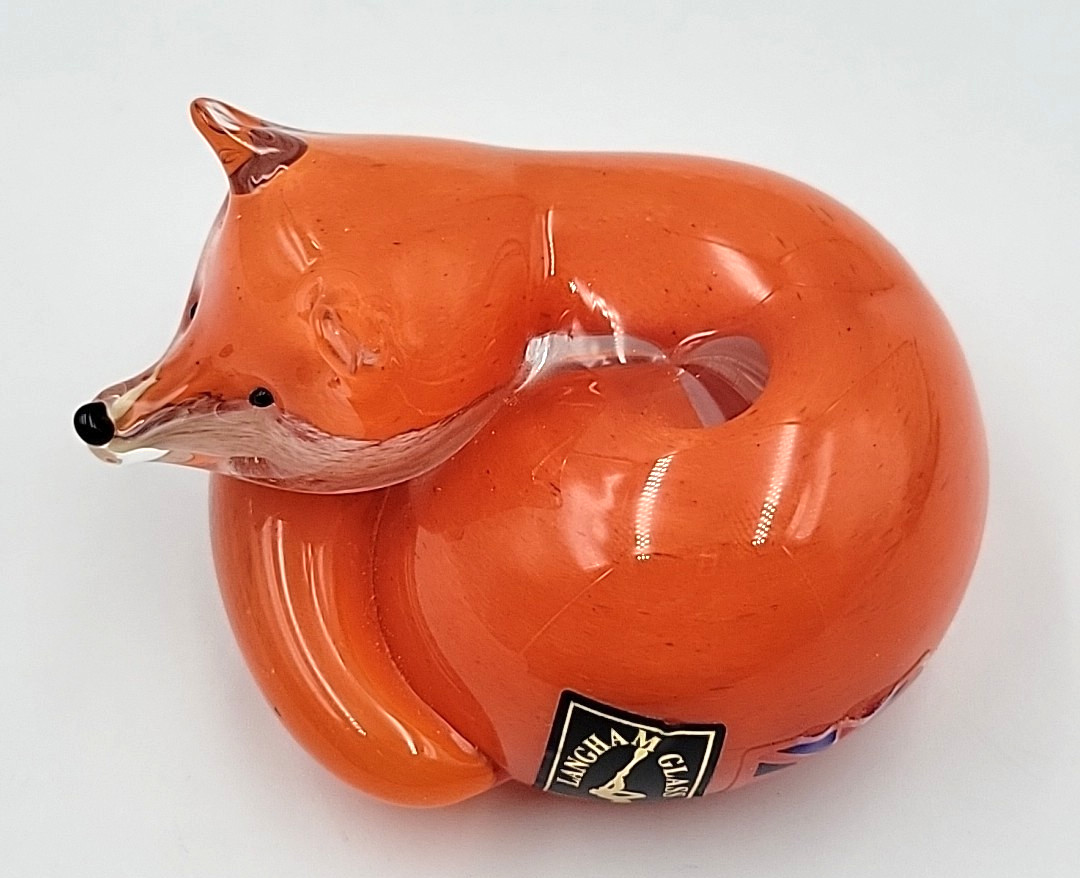 Langham Glass Handmade Fox At Rest Figurine/Paperweight Signed
