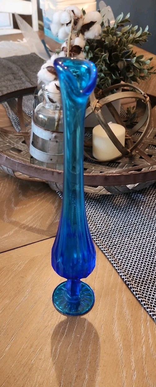 Vintage 12″ Fenton Sapphire Blue Glass Thumbprint Swung Bud Vase